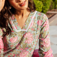 Thumbnail for Malishka Womens Pink Cotton Floral Printed Kurta and Pant Set with Dupatta - Pink - Distacart