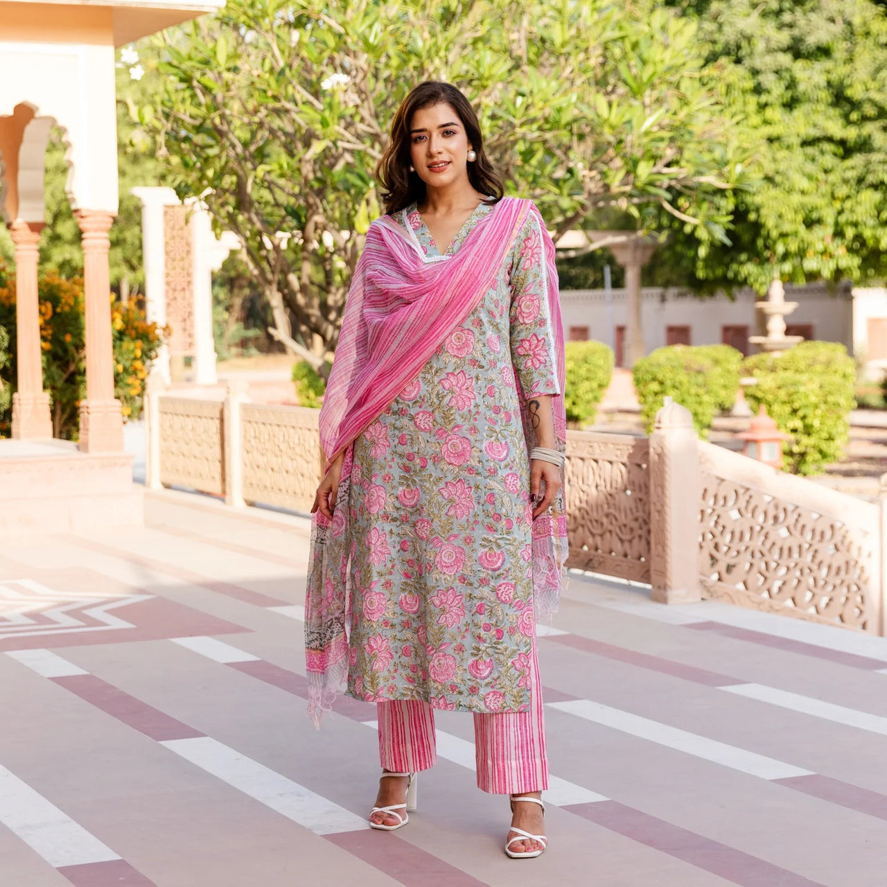 Malishka Womens Pink Cotton Floral Printed Kurta and Pant Set with Dupatta - Pink - Distacart