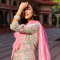 Thumbnail for Malishka Womens Pink Cotton Floral Printed Kurta and Pant Set with Dupatta - Pink - Distacart