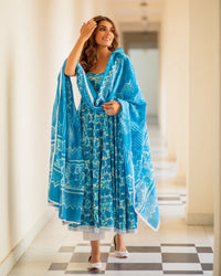 Thumbnail for Malishka Womens Sky Blue Abstract Printed Cotton Kurta and Pant Set with Dupatta - Sky Blue - Distacart