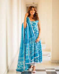 Thumbnail for Malishka Womens Sky Blue Abstract Printed Cotton Kurta and Pant Set with Dupatta - Sky Blue - Distacart