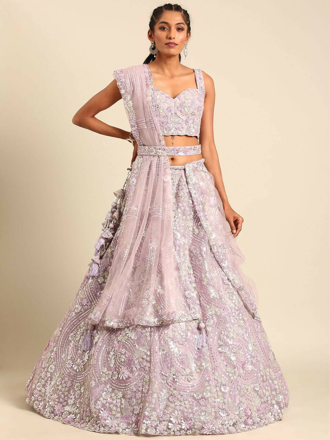 House of Panchhi Lavender Net Sequins and Zarkan embroidery Lehenga choli & Dupatta - Distacart