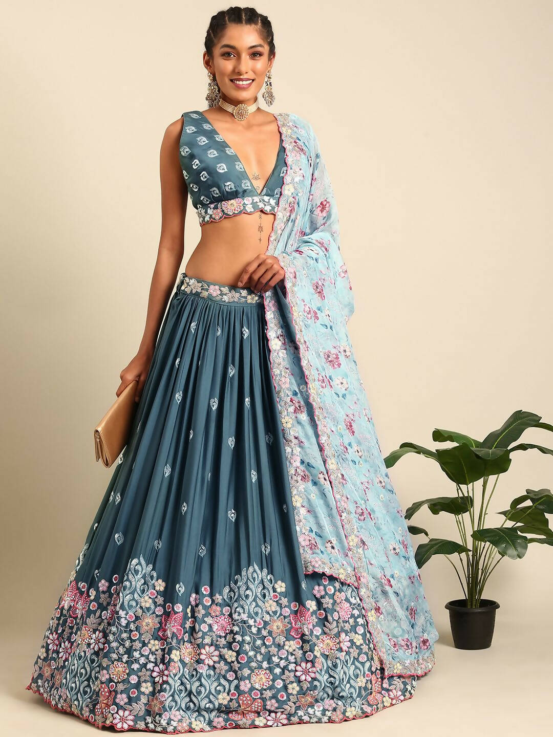 House of Panchhi Teal Blue Chinon Sequins embroidery Lehenga choli & Dupatta - Distacart