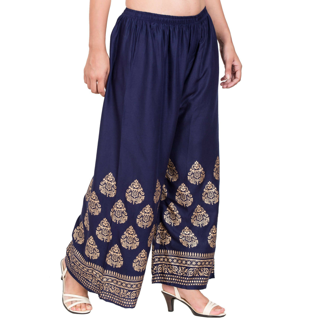 PAVONINE Navy Blue Color Golden Printed Rayon Fabric Sharara For Women & Girls - Distacart