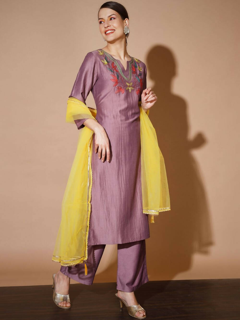 Myshka Mauve Solid Kurta & Palazzos With Dupatta - Distacart