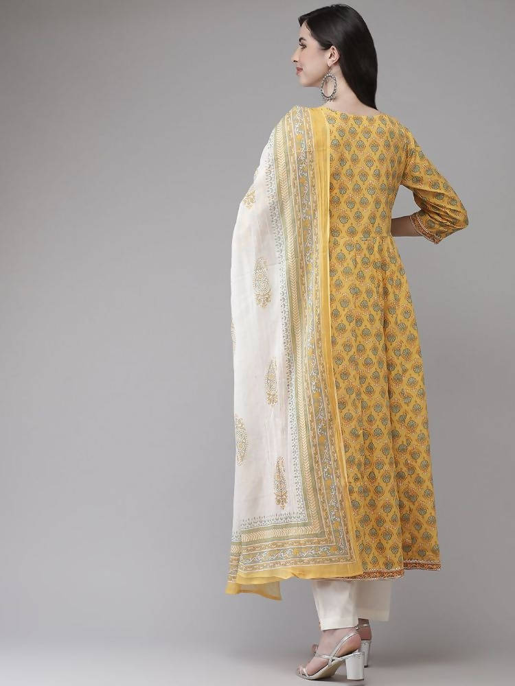 Yufta Women Yellow Floral Print Angrakha Pure Cotton Kurta and Trouser With Dupatta