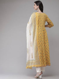 Thumbnail for Yufta Women Yellow Floral Print Angrakha Pure Cotton Kurta and Trouser With Dupatta