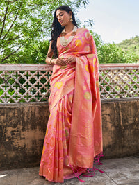 Thumbnail for Janasya Light Pink Banarasi Silk Woven Floral Design Banarasi Saree - Distacart