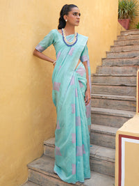 Thumbnail for Janasya Sea Green Kanjeevaram Silk Woven Ethnic Motifs Kanjeevaram Silk Saree - Distacart