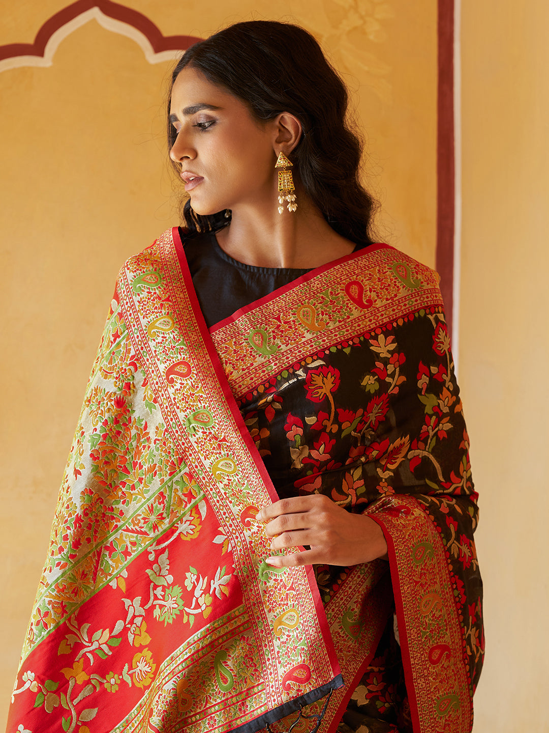 Indian Chanderi Silk Black Broad Border Saree|SARV113777