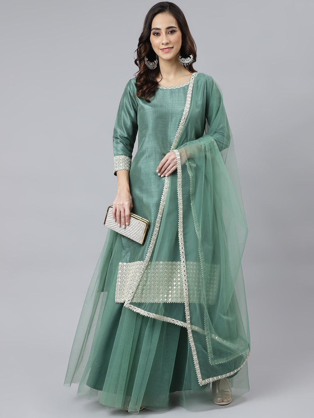 Janasya Women's Mint Green Chinon Solid Kurta With Skirt And Dupatta - Distacart