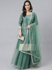 Thumbnail for Janasya Women's Mint Green Chinon Solid Kurta With Skirt And Dupatta - Distacart