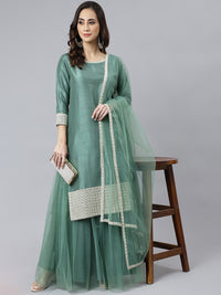 Thumbnail for Janasya Women's Mint Green Chinon Solid Kurta With Skirt And Dupatta - Distacart