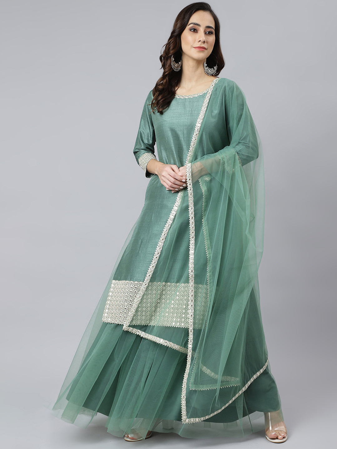 Janasya Women's Mint Green Chinon Solid Kurta With Skirt And Dupatta - Distacart