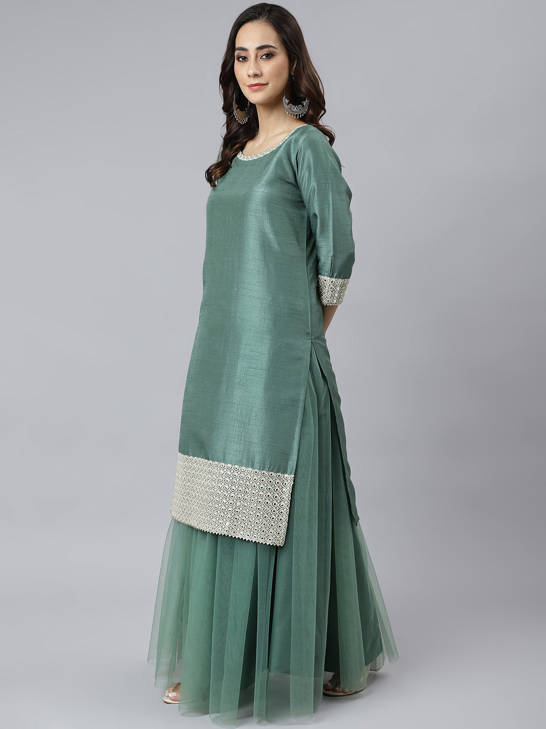 Janasya Women's Mint Green Chinon Solid Kurta With Skirt And Dupatta - Distacart