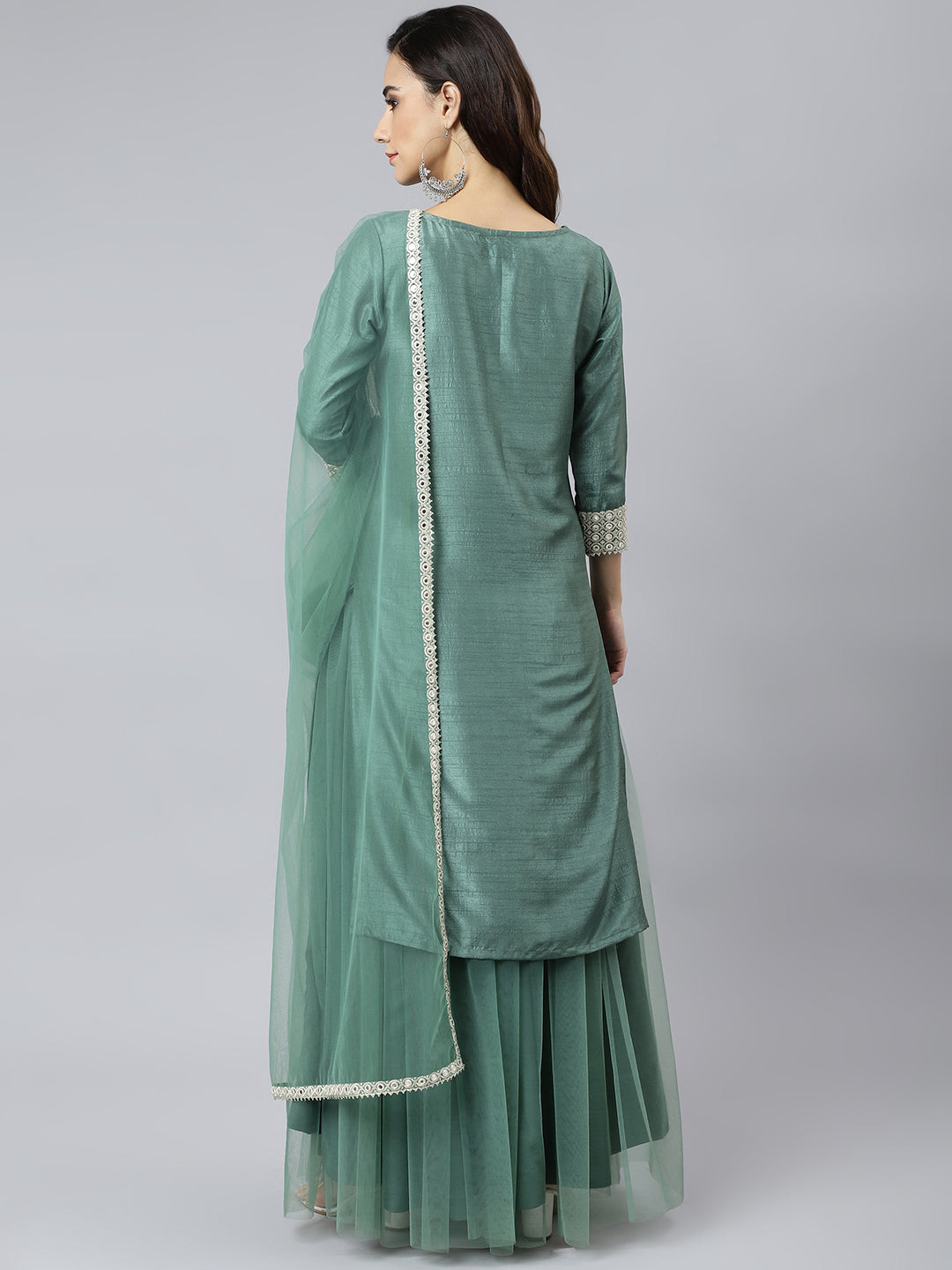 Janasya Women's Mint Green Chinon Solid Kurta With Skirt And Dupatta - Distacart