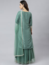 Thumbnail for Janasya Women's Mint Green Chinon Solid Kurta With Skirt And Dupatta - Distacart