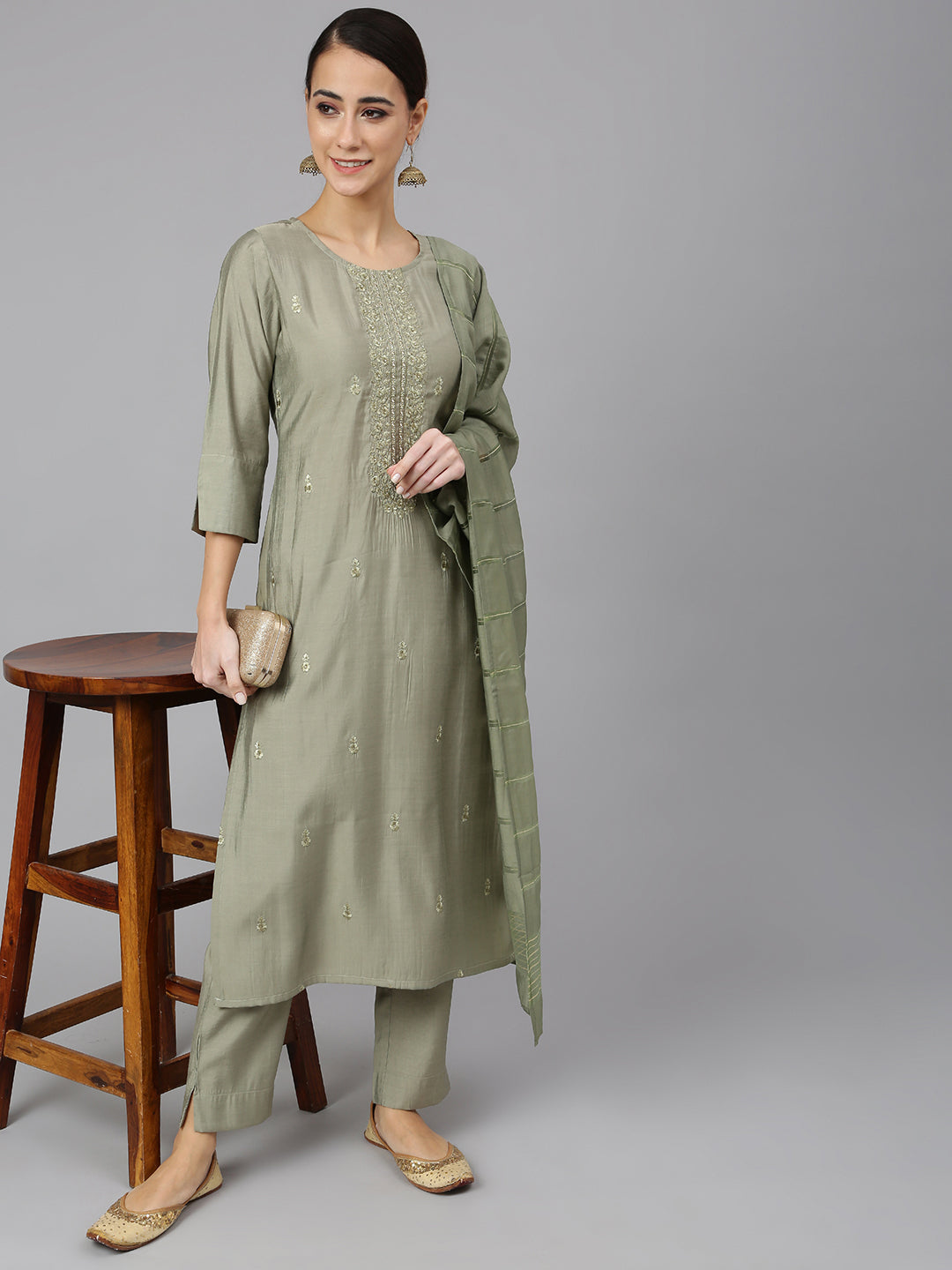 Buy Janasya Women's Sage Green Viscose Blend Embroidered Kurta With Pant  And Dupatta Online at Best Price