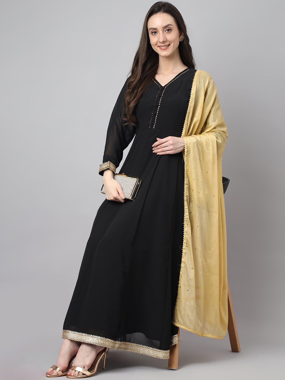 Janasya Women's Black Georgette Solid Anarkali Festive Kurta Set - Distacart