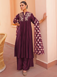 Thumbnail for Janasya Women's Purple Chanderi Embellished Festive A-line Kurta Set - Distacart