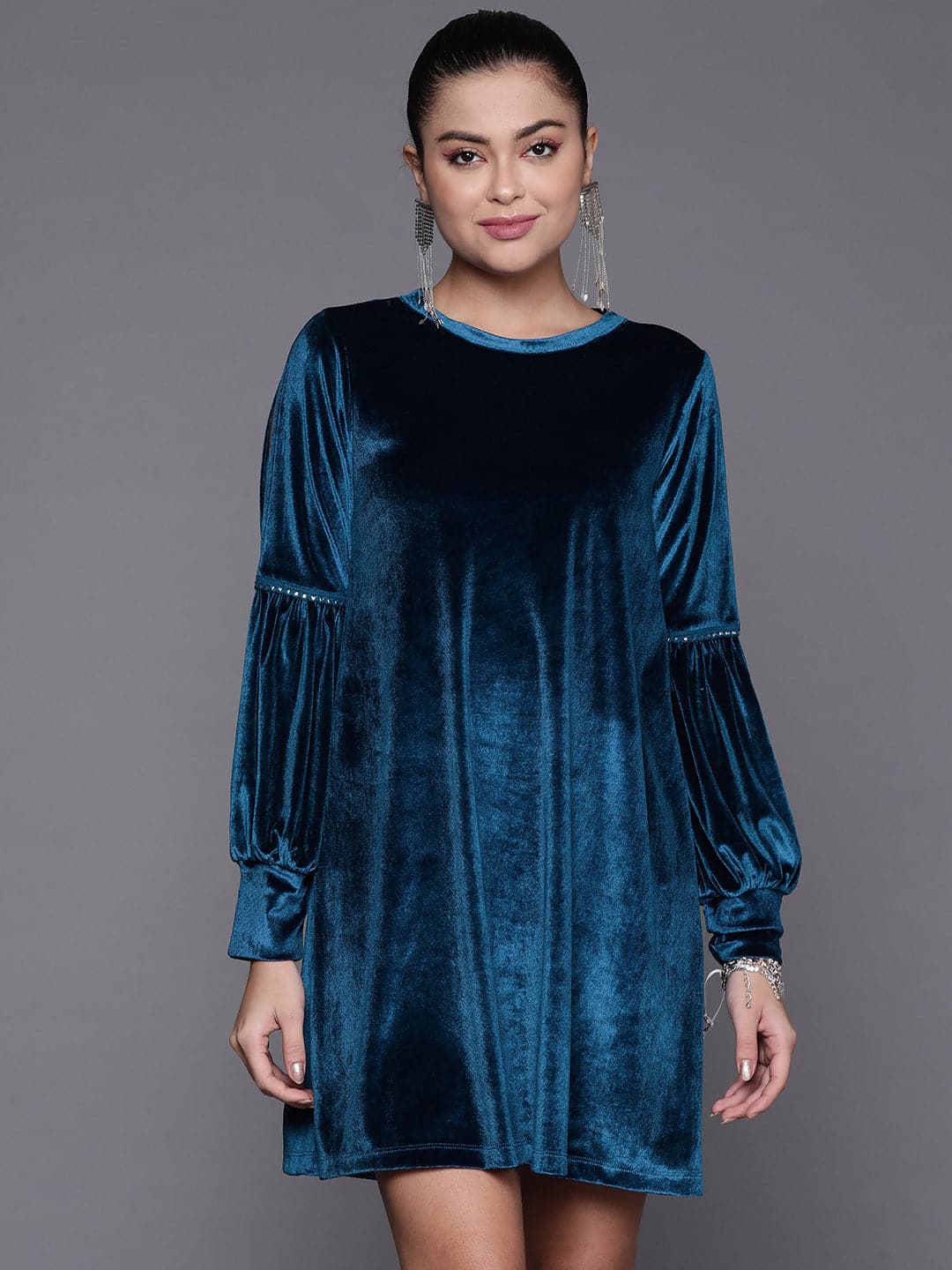 Lyush Women's Blue Velvet Full Slevees Loose Fit Dress - Distacart