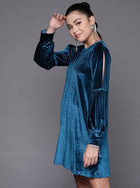 Thumbnail for Lyush Women's Blue Velvet Full Slevees Loose Fit Dress - Distacart