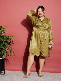 Thumbnail for Lyush Women Olive Satin Jacquard Belted Shirt Dress - Distacart