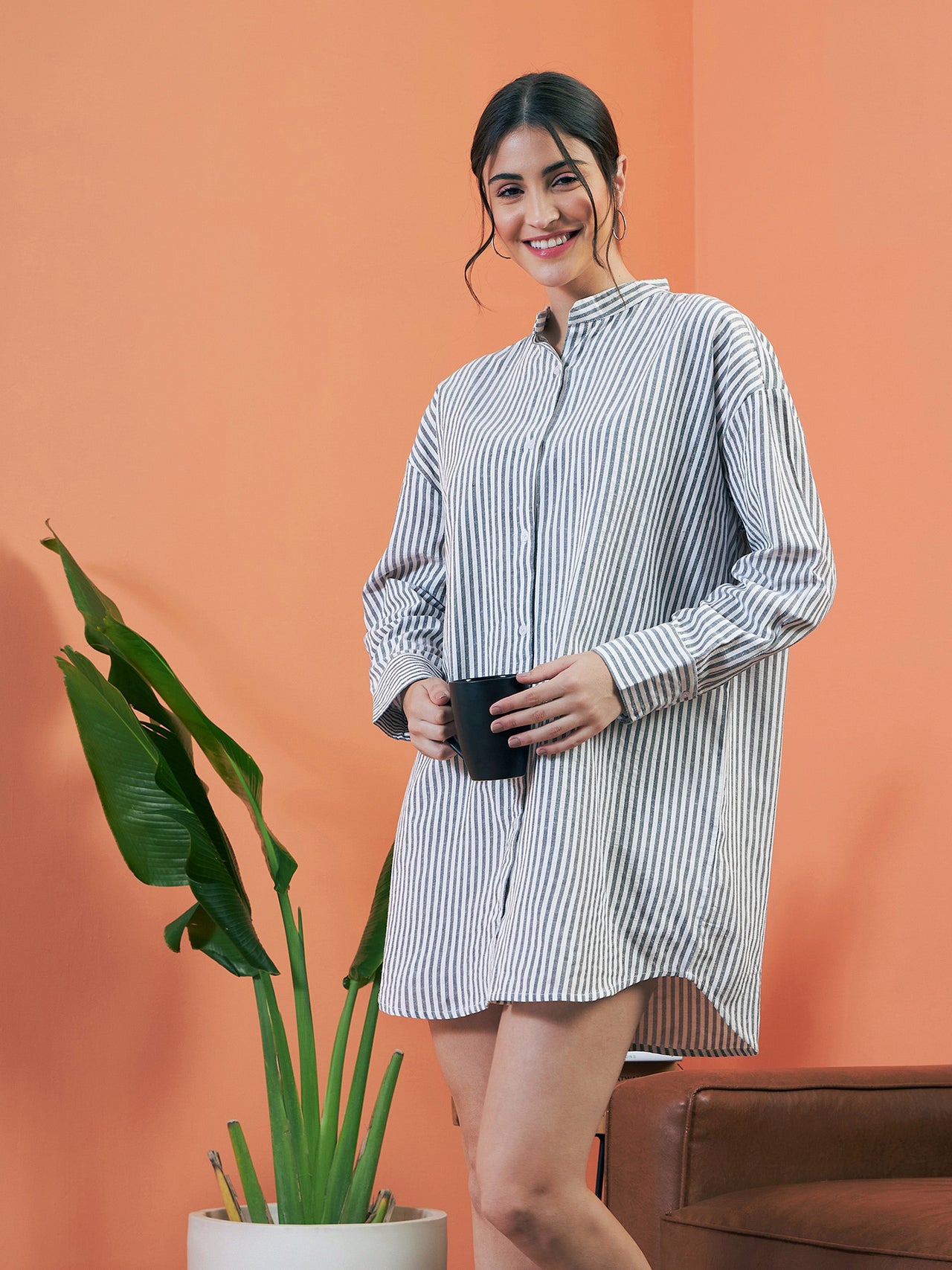 Lyush Women Grey Stripes Seersucker Shirt Dress - Distacart