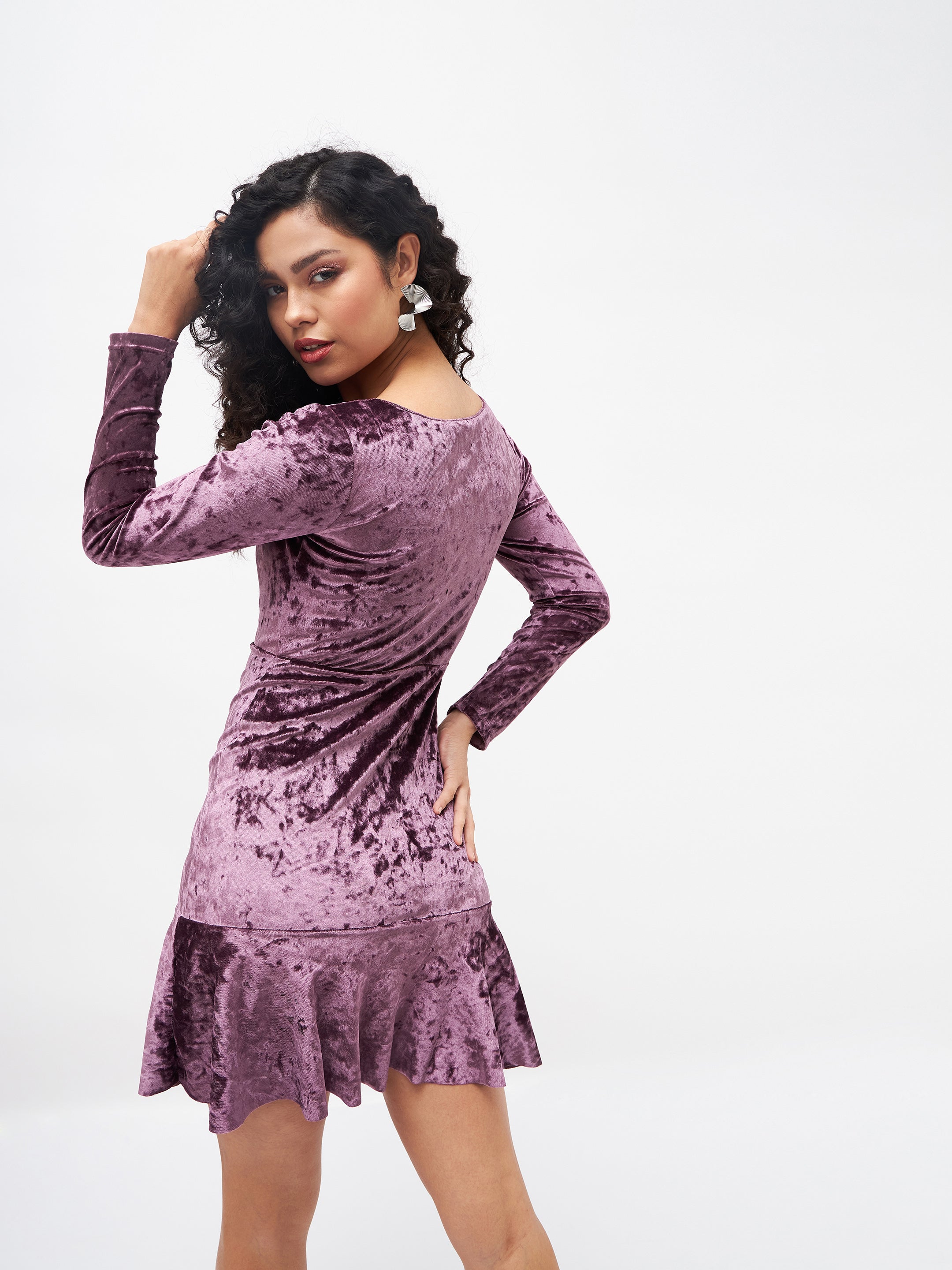 Buy Lyush Women Purple Velvet Frill Hem Mini Dress Online at Best