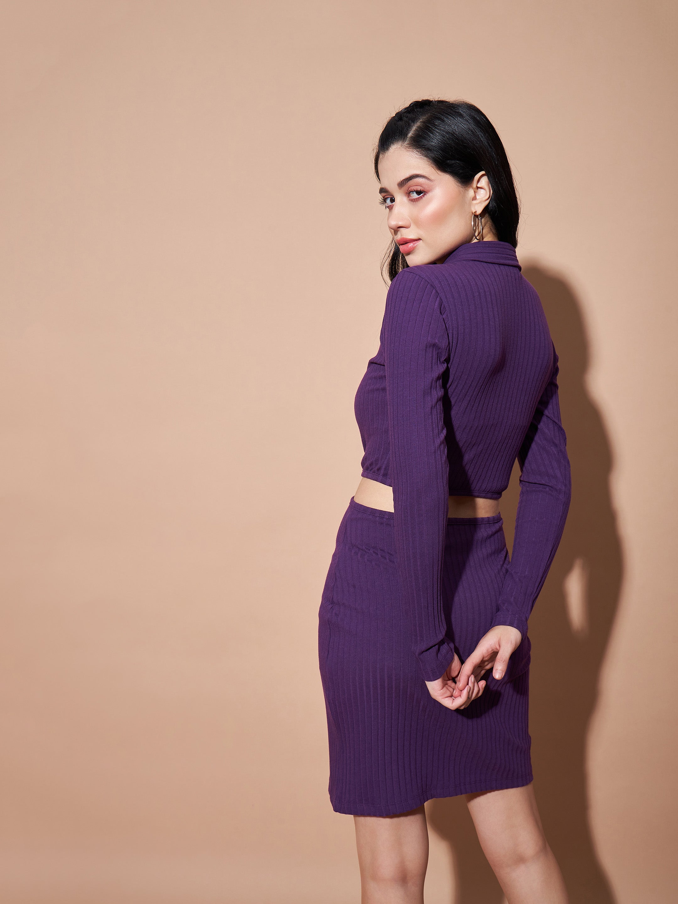 Buy RIBBED PURPLE POLYESTER BODYCON DRESS for Women Online in India
