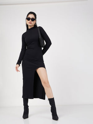 Buy Lyush Women Black Rib Turtle Neck Front Slit Dress Online at