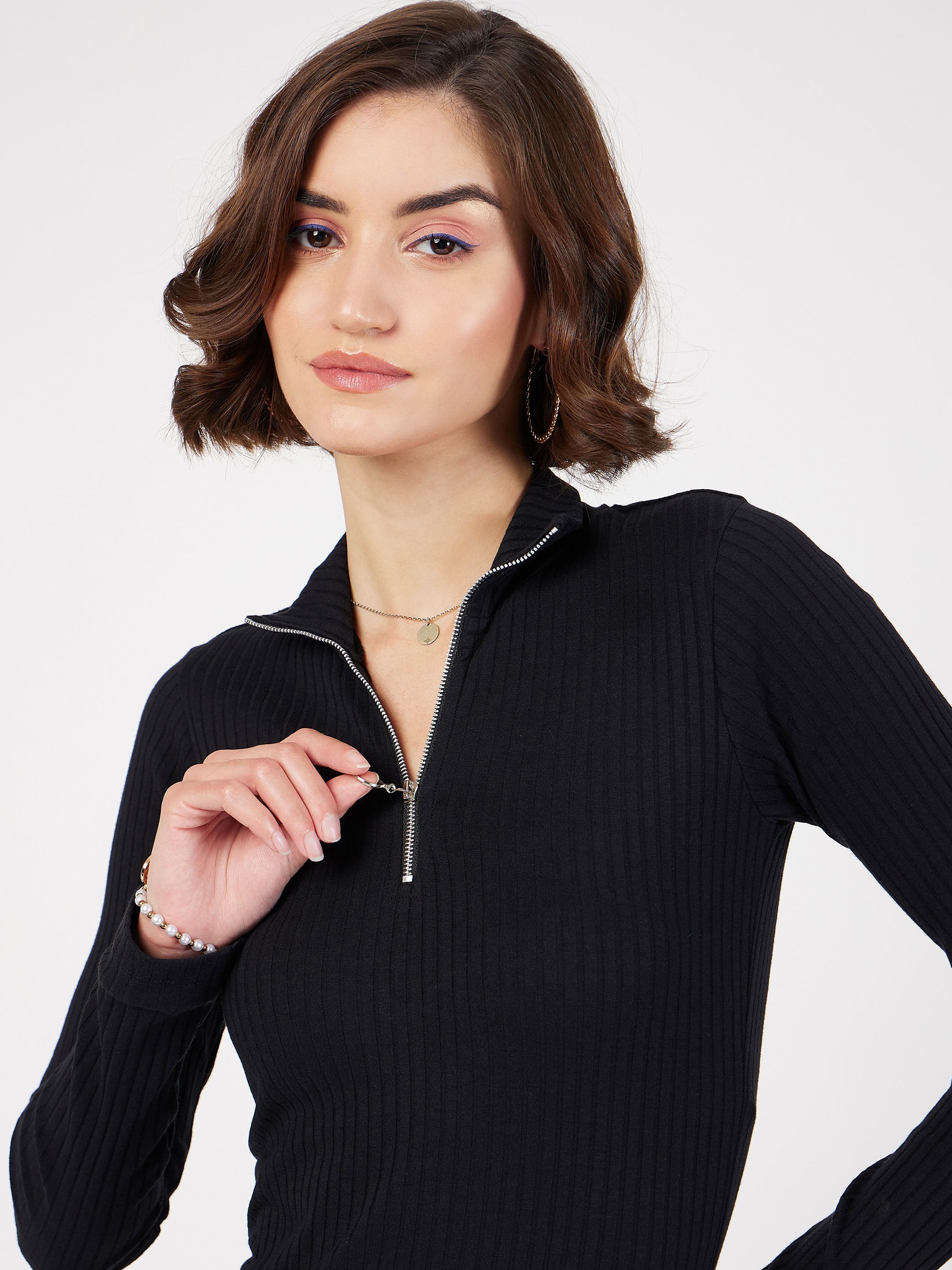 Women Black Rib Long Sleeve Front Zip Top