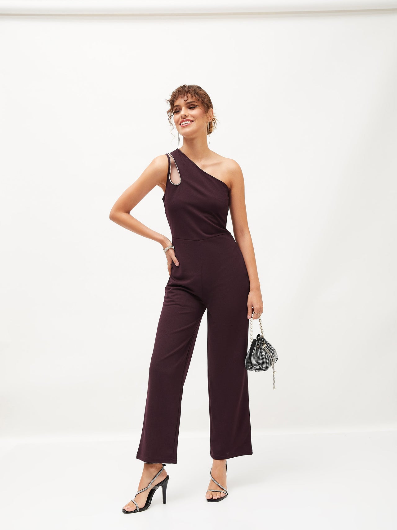 Lyush Women Burgundy Diamante One Shoulder Jumpsuit - Distacart