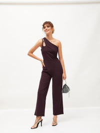 Thumbnail for Lyush Women Burgundy Diamante One Shoulder Jumpsuit - Distacart