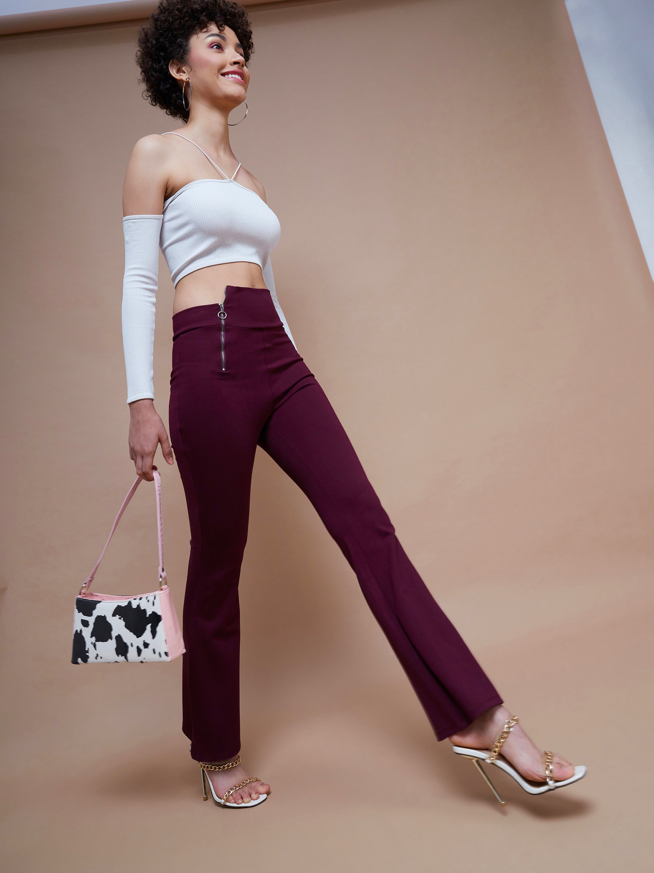 Buy Lyush Women Burgundy Side Zipper Bell Bottom Pants Online at Best Price