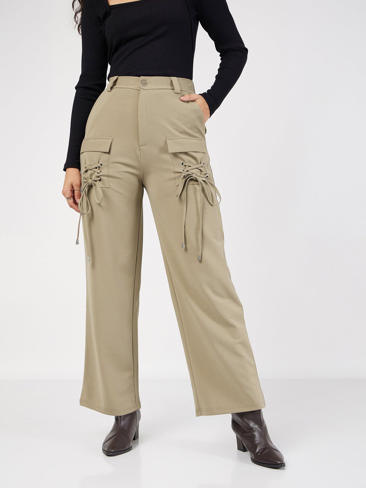 Lyush Women Beige Cris Cross Pocket Detail Cargo Pants - Distacart