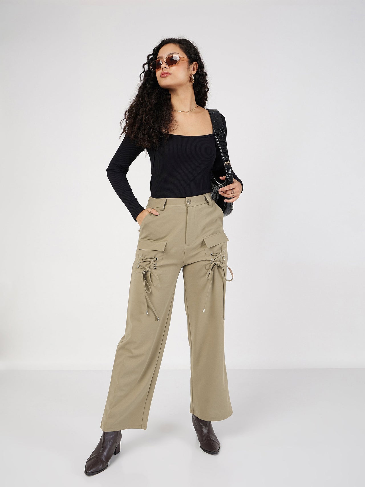 Lyush Women Beige Cris Cross Pocket Detail Cargo Pants - Distacart