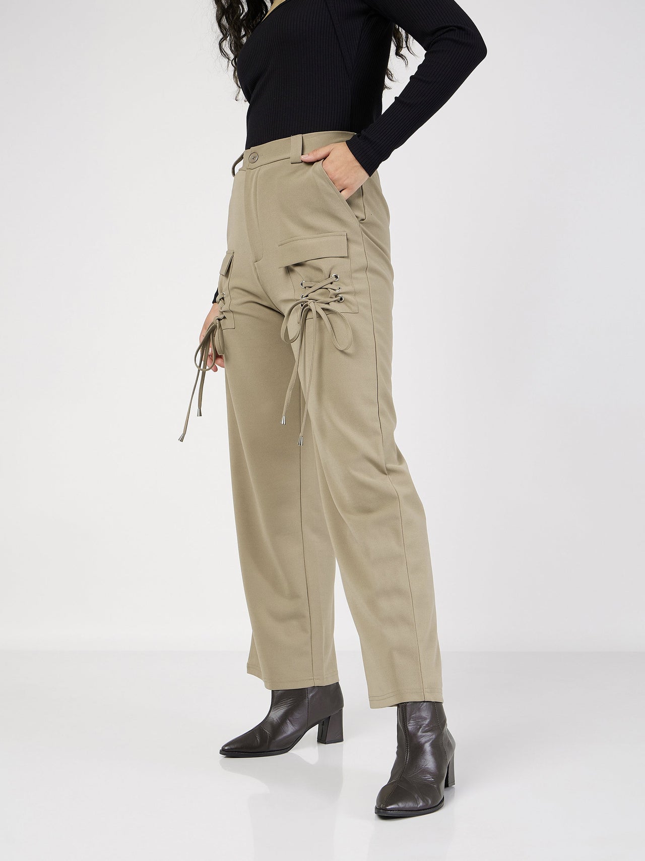 Lyush Women Beige Cris Cross Pocket Detail Cargo Pants - Distacart