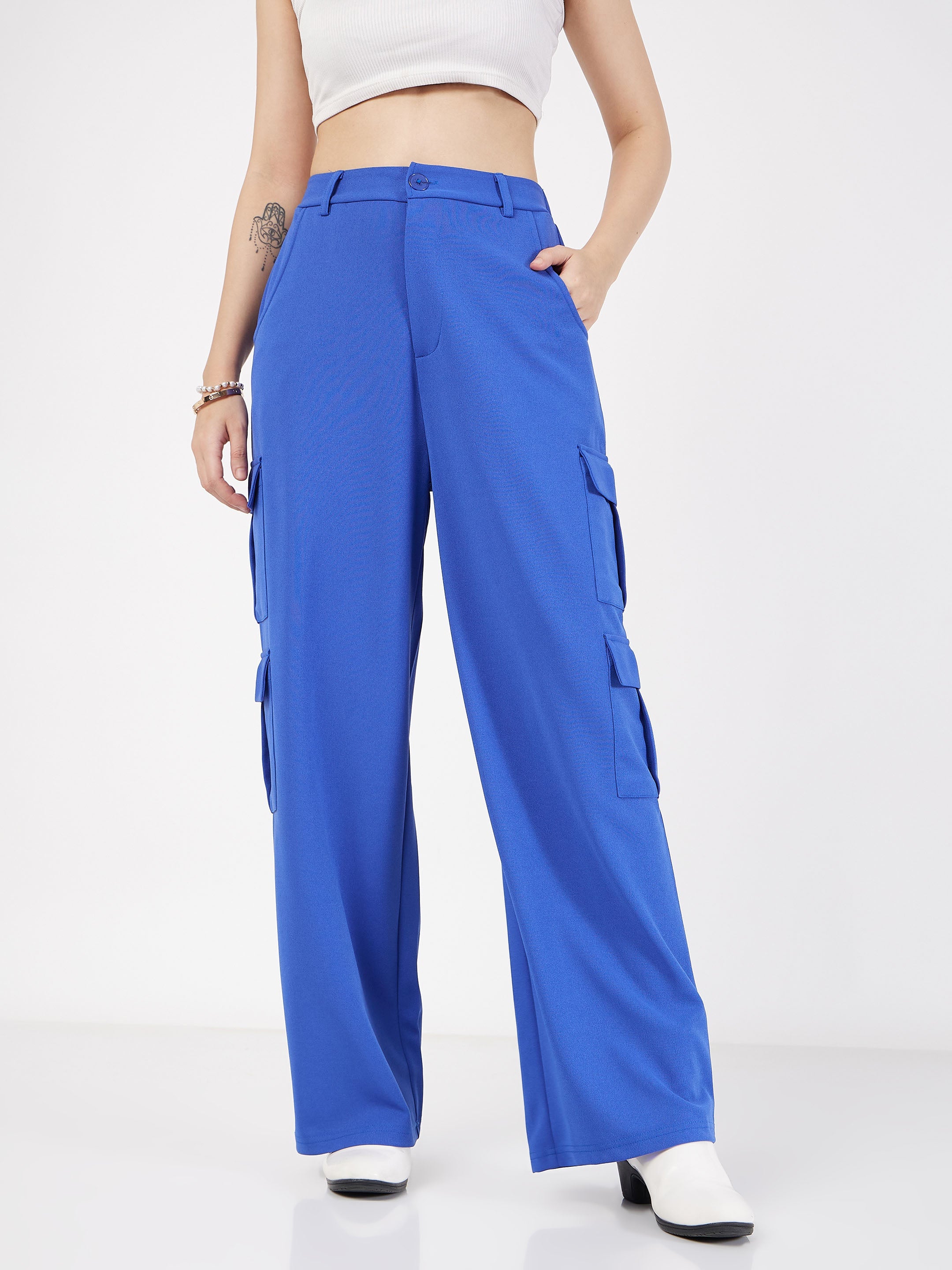 Lyush Women Royal Blue Multi Pocket Detail Cargo Pants