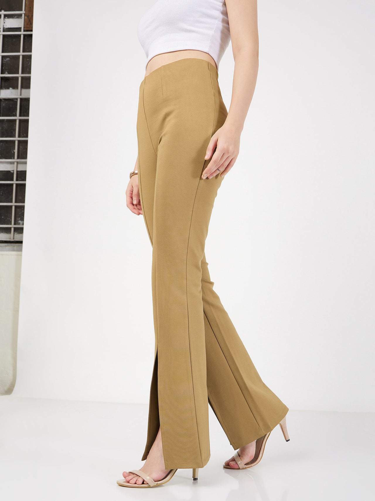 Lyush Women Beige Roma Front Slit Bell Bottom Pants - Distacart