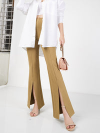 Thumbnail for Lyush Women Beige Roma Front Slit Bell Bottom Pants - Distacart