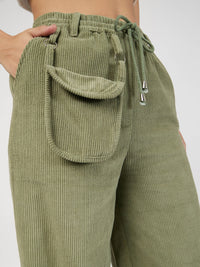 Thumbnail for Lyush Women Olive Corduroy Pouch Pocket Drawstring Pants - Distacart