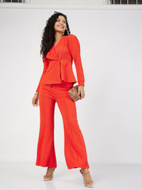 Thumbnail for Lyush Women Orange Wrap Peplum Top With Bellbottom Pants - Distacart