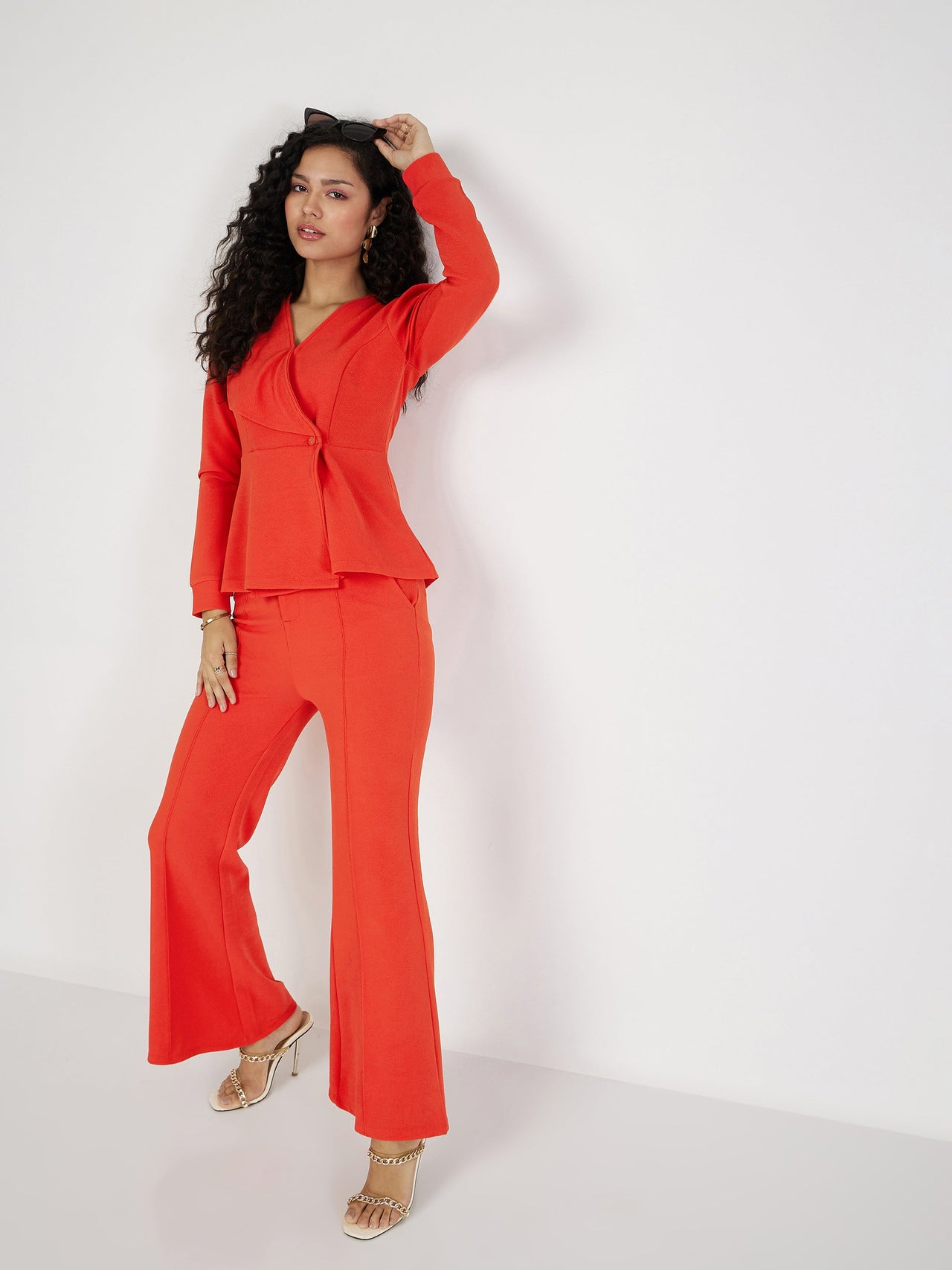 Lyush Women Orange Wrap Peplum Top With Bellbottom Pants - Distacart