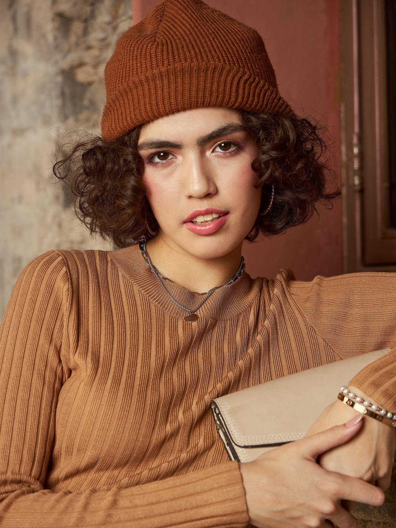Lyush Women Beige Rib Sweater With Pencil Skirt - Distacart