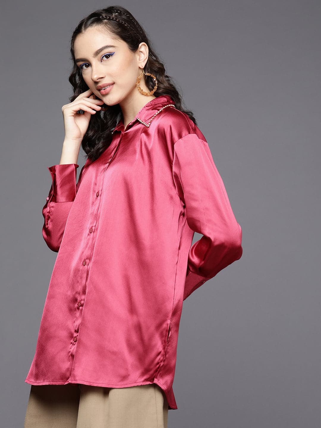 Lyush Women's Pink Satin Longline Shirt - Distacart