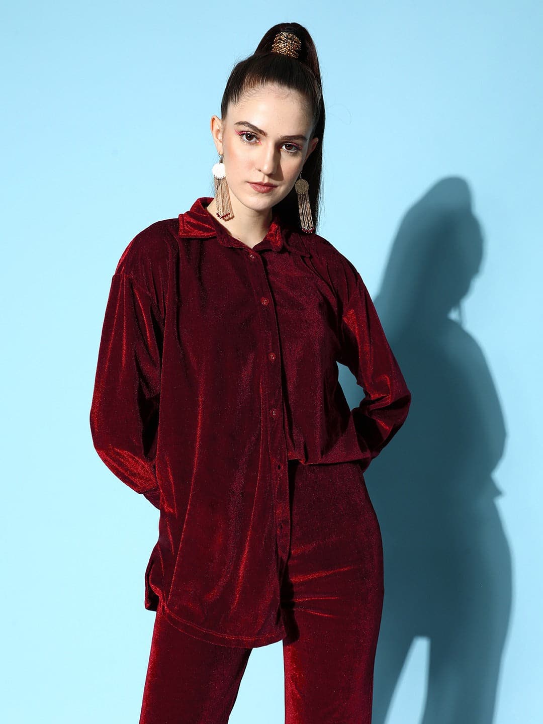 Buy Lyush Women's Burgundy Velvet Shirt Online at Best Price