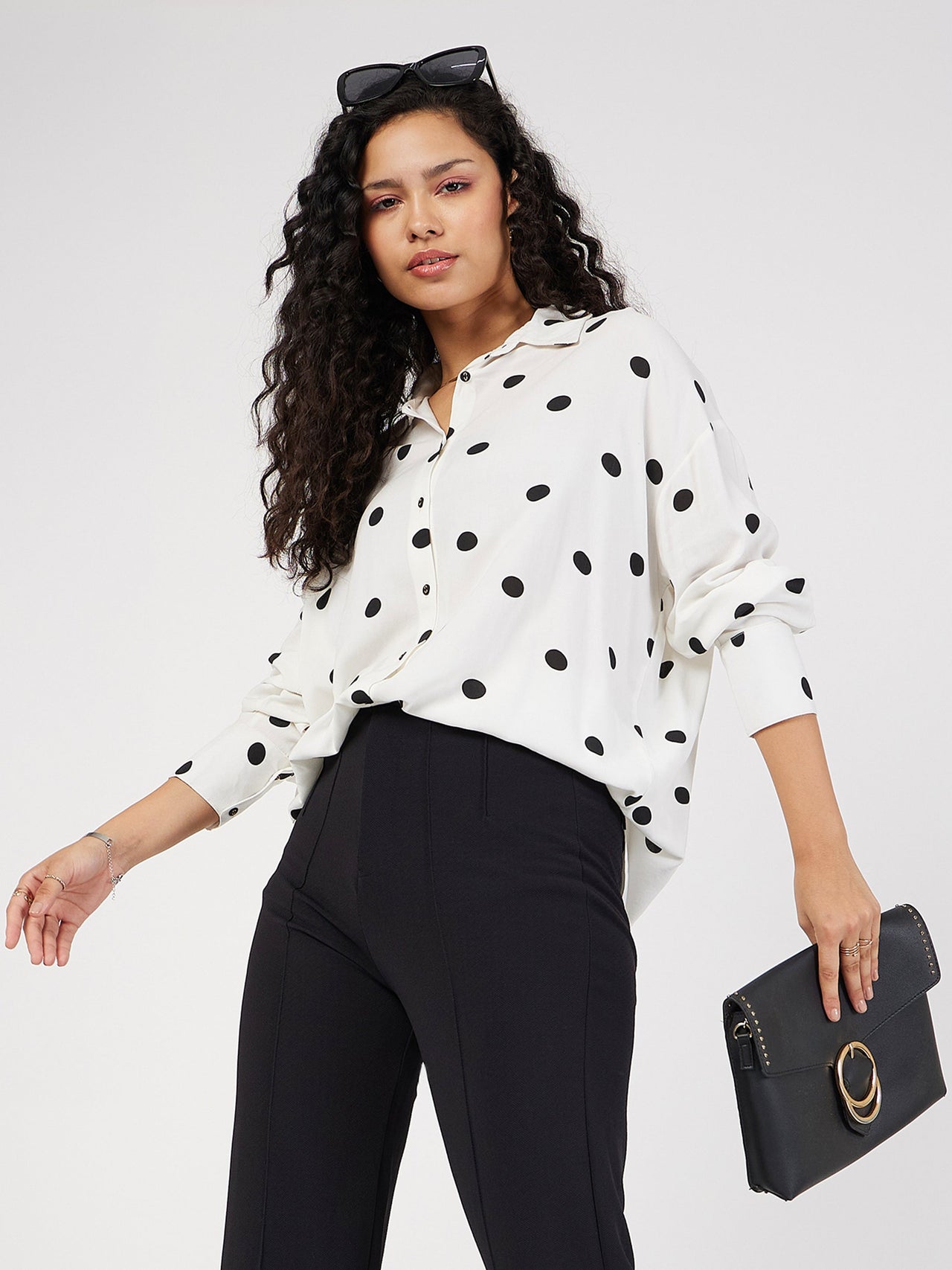 Lyush Women White & Black Polka Dot Oversize Shirt - Distacart