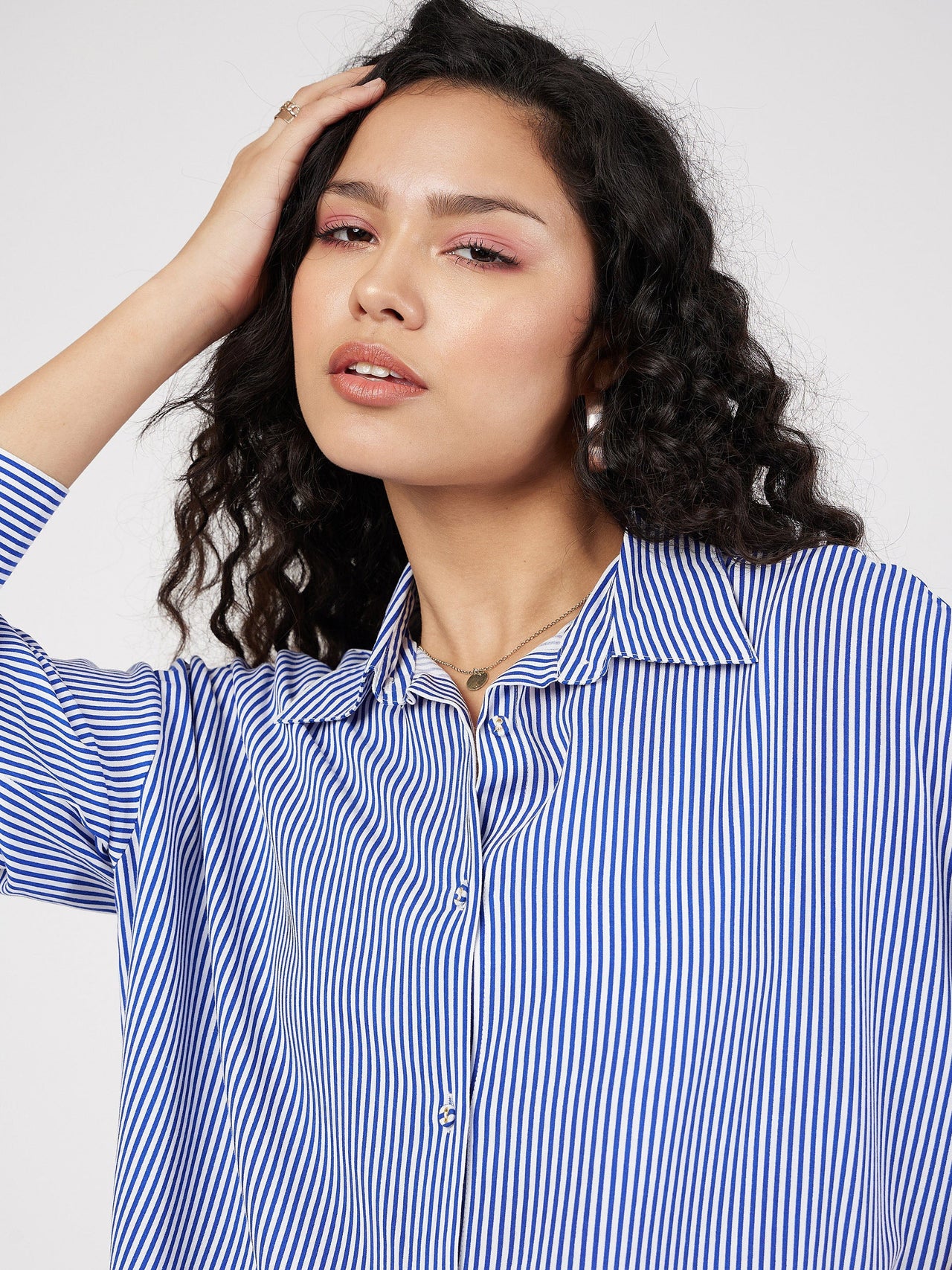 Lyush Women Blue & White Pinstriped Oversize Shirt - Distacart