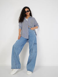 Thumbnail for Lyush Women Blue & White Pinstriped Oversize Shirt - Distacart